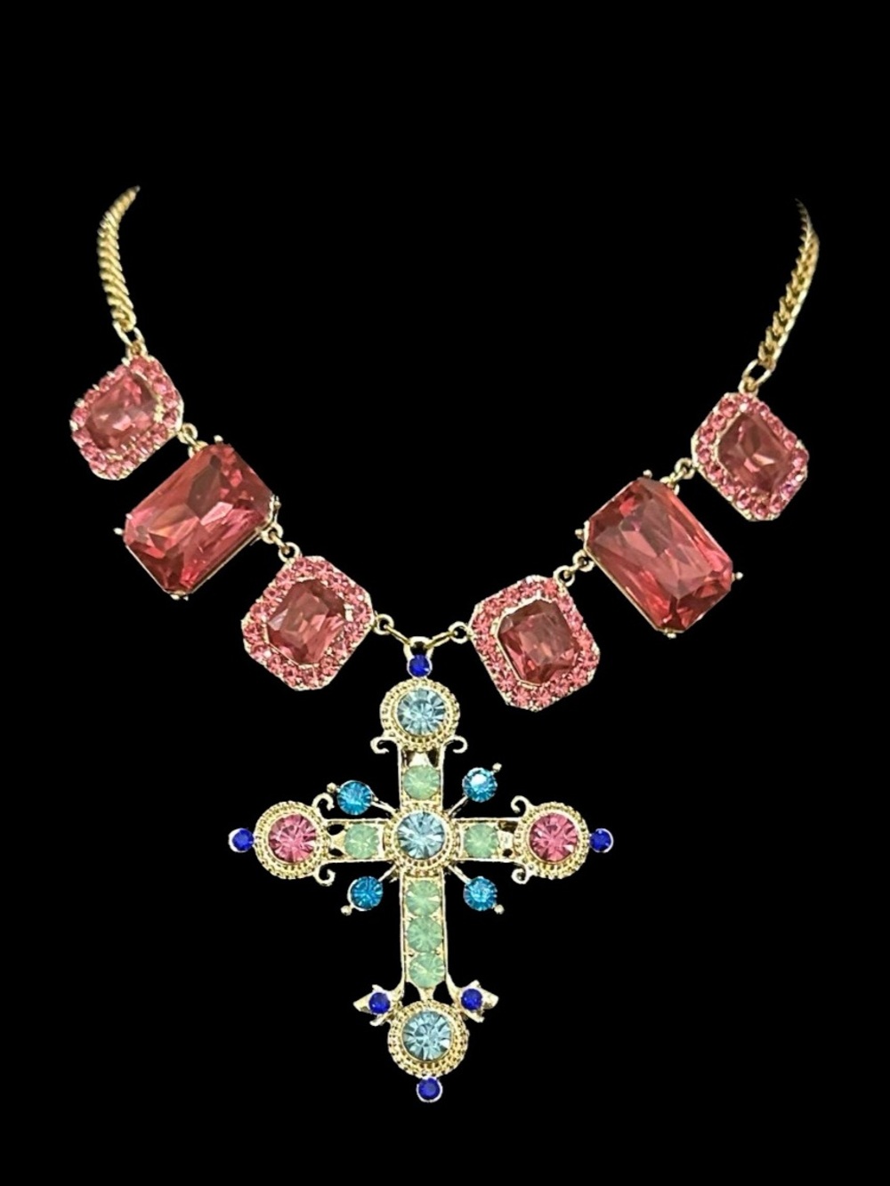 Gold Cross Pendant Necklace with Pink and Aqua Crystals